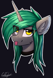 Size: 371x545 | Tagged: safe, artist:cmdrtempest, imported from derpibooru, oc, oc:soft spring, pony, unicorn, :p, bust, collar, cute, looking at you, simple background, solo, sticker, tongue out