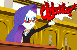 Size: 2702x1736 | Tagged: safe, artist:calmbreezes, imported from derpibooru, rarity, human, equestria girls, ace attorney, breasts, caption, cleavage, clothes, courtroom, glasses, image macro, lawyer, objection, parody, rarity's glasses, solo, suit, text