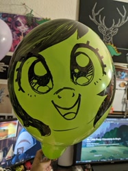 Size: 710x947 | Tagged: safe, artist:taytinabelle, imported from derpibooru, oc, oc only, oc:filly anon, balloon, female, filly, hi anon, irl, looking at you, meme, paint on balloon, photo, solo