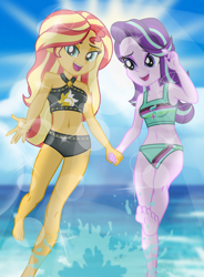 Size: 6912x9384 | Tagged: safe, artist:emeraldblast63, imported from derpibooru, starlight glimmer, sunset shimmer, human, equestria girls, absurd resolution, barefoot, breasts, clothes, crepuscular rays, duo, feet, female, happy, high res, holding hands, open mouth, open smile, small breasts, smiling, swimsuit
