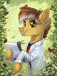 Size: 2193x2924 | Tagged: safe, artist:helmie-art, imported from derpibooru, oc, oc only, butterfly, earth pony, clipboard, clothes, ear fluff, earth pony oc, looking at you, paper, shirt, smiling, smiling at you, solo