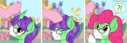 Size: 1100x378 | Tagged: safe, artist:jennieoo, imported from derpibooru, pinkie pie, oc, oc:crescent star, earth pony, pony, unicorn, comic, glasses, looking up, scrunchy face, shocked, short comic, show accurate, simple background, surprised, transformation, vector