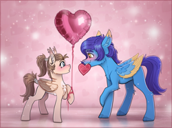 Size: 3596x2669 | Tagged: safe, artist:helmie-art, imported from derpibooru, oc, oc only, oc:dima, oc:helmie, pegasus, pony, balloon, chest fluff, colored wings, female, heart, heart balloon, holiday, larger male, looking at each other, looking at someone, male, mare, mouth hold, multicolored wings, oc x oc, pegasus oc, shipping, small pony, smaller female, stallion, stallion on mare, straight, tail, tail wrap, valentine's day, wings