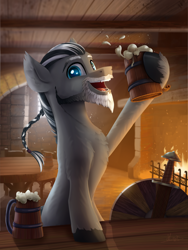 Size: 2394x3192 | Tagged: safe, artist:helmie-art, imported from derpibooru, oc, oc only, earth pony, pony, braid, commission, earth pony oc, fireplace, indoors, looking at you, male, mug, open mouth, open smile, shield, smiling, smiling at you, solo, stallion, sword, tavern, weapon