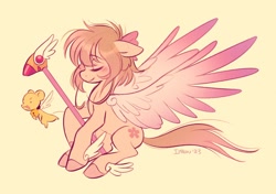 Size: 1530x1080 | Tagged: safe, artist:imalou, imported from derpibooru, earth pony, pony, artificial wings, augmented, bow, cardcaptor sakura, eyes closed, hair bow, kerberos, magic, magic staff, magic wings, ponified, sakura kinomoto, simple background, sitting, solo, spread wings, staff, winged hooves, wings, yellow background