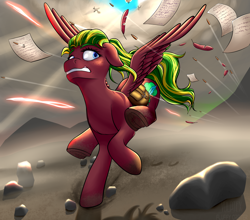 Size: 2276x2000 | Tagged: safe, artist:fluffyorbiter, imported from derpibooru, oc, oc only, oc:melon heart, pegasus, pony, fallout equestria, ass up, bag, bullet, bullet hole, cloud, cloudy, crepuscular rays, energy blast, feather, fog, folded wings, galloping, glowing sky, green mane, gritted teeth, hoofprints, implied flutterdash, implied lesbian, implied shipping, looking back, mountain, offscreen shooting, paper, pegasus oc, red coat, run for your lives, running, running away, saddle bag, scared, shooting, sky, spread wings, stone, sun, teeth, torn feather, wasteland, waving mane, waving tail, weather team, wings