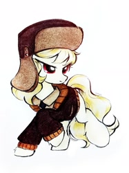 Size: 1835x2447 | Tagged: safe, artist:liaaqila, imported from derpibooru, march gustysnows, earth pony, pony, clothes, coat, commission, female, hat, mare, simple background, solo, traditional art, white background