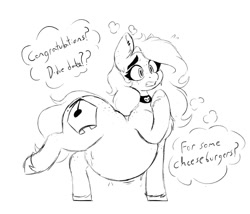 Size: 1454x1243 | Tagged: safe, artist:somefrigginnerd, imported from derpibooru, oc, oc only, oc:pencil test, earth pony, pony, back freckles, belly, big belly, chest fluff, choker, ear piercing, earring, earth pony oc, fat, female, freckles, grayscale, jewelry, mare, monochrome, nervous, not pregnant, piercing, simple background, thought bubble, unshorn fetlocks, white background
