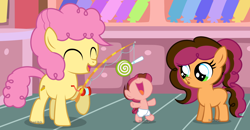 Size: 3628x1888 | Tagged: safe, artist:pastelnightyt, imported from derpibooru, li'l cheese, oc, oc:cheesecake pie, oc:strawberry chocolate, pony, ^^, baby, baby pony, base used, candy, eyes closed, female, filly, fishing rod, foal, food, lollipop, offspring, parent:cheese sandwich, parent:pinkie pie, parents:cheesepie