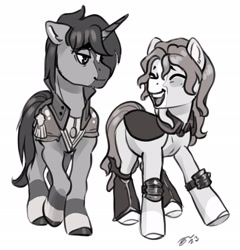 Size: 2514x2622 | Tagged: safe, artist:opalacorn, imported from derpibooru, oc, oc only, pony, duo, eyes closed, grayscale, looking at each other, looking at someone, monochrome, open mouth, open smile, simple background, smiling, white background