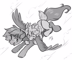 Size: 3048x2549 | Tagged: safe, artist:opalacorn, imported from derpibooru, oc, oc only, bug pony, insect, pegasus, pony, duo, flying, grayscale, monochrome, ponies riding ponies, riding, simple background, spread wings, white background, wings