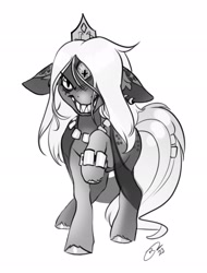 Size: 1559x2047 | Tagged: safe, artist:opalacorn, imported from derpibooru, oc, oc only, kelpie, pony, female, floppy ears, grayscale, mare, monochrome, multiple eyes, sharp teeth, simple background, solo, teeth, unusual pupils, white background