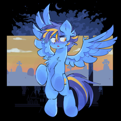 Size: 2048x2048 | Tagged: safe, artist:madiwann, imported from derpibooru, oc, oc only, oc:shining trophy, pegasus, pony, blue mane, gothic, male, night, open mouth, solo, spread wings, wings, yellow eyes