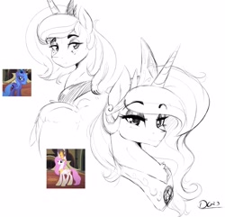 Size: 3316x3195 | Tagged: safe, artist:thelunarmoon, imported from derpibooru, princess celestia, princess luna, alicorn, pony, bust, duo, duo female, eyebrows, eyebrows visible through hair, female, high res, looking at you, mare, pink-mane celestia, royal sisters, s1 luna, screencap reference, siblings, signature, simple background, sisters, smiling, smiling at you, white background