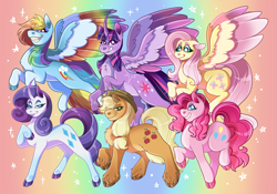 Size: 2755x1929 | Tagged: safe, artist:carmel-lemon, imported from derpibooru, applejack, fluttershy, pinkie pie, rainbow dash, rarity, twilight sparkle, alicorn, earth pony, pegasus, pony, unicorn, cloven hooves, colored wings, curved horn, female, hoof on chest, horn, lidded eyes, mane six, mare, multicolored wings, rainbow background, rainbow wings, spread wings, twilight sparkle (alicorn), unshorn fetlocks, wings