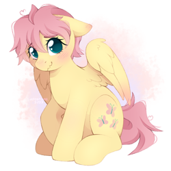 Size: 2048x2048 | Tagged: safe, artist:adostume, imported from derpibooru, fluttershy, pegasus, pony, ahoge, alternate hairstyle, blushing, cute, ear blush, eyebrows, eyebrows visible through hair, female, floppy ears, high res, looking at you, mare, partially open wings, short hair, short mane, shy, shyabetes, signature, simple background, sitting, slight blush, smiling, smiling at you, solo, wavy mouth, wings