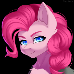 Size: 1024x1024 | Tagged: safe, artist:villjulie, imported from derpibooru, pinkie pie, earth pony, pony, black background, bust, female, mare, portrait, signature, simple background, smiling, solo