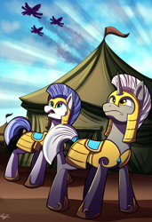 Size: 2275x3325 | Tagged: safe, artist:littletigressda, imported from derpibooru, earth pony, pegasus, pony, unicorn, armor, helmet, hoof shoes, male, royal guard, royal guard armor, stallion, tent, unnamed character