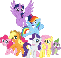 Size: 1920x1819 | Tagged: safe, artist:alexdti, imported from derpibooru, applejack, fluttershy, pinkie pie, rainbow dash, rarity, spike, twilight sparkle, alicorn, pony, mane seven, mane six, simple background, transparent background, twilight sparkle (alicorn)