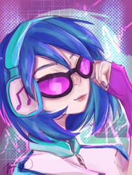 Size: 1620x2160 | Tagged: safe, artist:aliennella, imported from derpibooru, dj pon-3, vinyl scratch, human, equestria girls, abstract background, bust, female, portrait, signature, smiling, solo