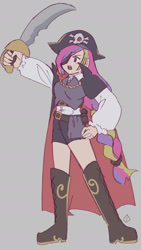 Size: 1080x1920 | Tagged: safe, artist:metaruscarlet, imported from derpibooru, princess cadance, human, alternate hairstyle, alternate universe, belt, cape, clothes, cutlass, eyepatch, female, gray background, hat, high heels, humanized, open mouth, pirate, pirate hat, shirt, shoes, shorts, simple background, solo, sword, weapon