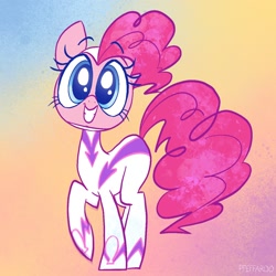 Size: 1280x1280 | Tagged: safe, alternate version, artist:pfeffaroo, imported from derpibooru, fili-second, pinkie pie, earth pony, pony, clothes, costume, gradient background, grin, looking at you, power ponies, smiling, solo