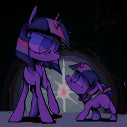 Size: 1080x1080 | Tagged: safe, artist:deviledlobster, imported from derpibooru, twilight sparkle, alicorn, pony, unicorn, big eyes, chibi, duo, female, filly, foal, looking at each other, looking at someone, mare, purple, short mane, short tail, tail, twilight sparkle (alicorn), unicorn twilight