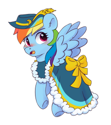 Size: 3324x3750 | Tagged: safe, artist:pucksterv, imported from derpibooru, rainbow dash, pegasus, pony, blushing, clothes, commission, coronation dress, dress, female, hat, looking at you, looking back, looking back at you, mare, open mouth, rainbow dash always dresses in style, simple background, solo, spread wings, transparent background, wings