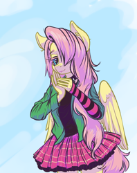 Size: 2026x2558 | Tagged: safe, artist:kovoranu, imported from derpibooru, fluttershy, anthro, pegasus, pony, choker, clothes, cute, draw this in your style, dtiys emoflat, evening gloves, female, fingerless elbow gloves, fingerless gloves, gloves, hair over one eye, hands together, long gloves, long hair, plaid skirt, skirt, smiling, solo, spiked choker, striped gloves
