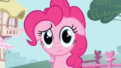 Size: 1920x1080 | Tagged: safe, imported from derpibooru, screencap, pinkie pie, pony, a friend in deed, confused, female, floppy ears, heart, looking at you, solo