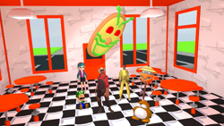 Size: 1192x671 | Tagged: safe, artist:smg4, imported from derpibooru, juniper montage, human, equestria girls, 3d, cameo, engineer, gmod, luigi doll, monty mole, pizza face (pizza tower), pizza tower, smg4, super mario bros., team fortress 2