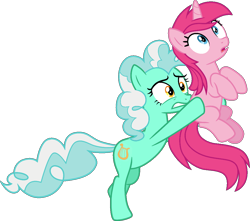 Size: 1024x905 | Tagged: safe, artist:firlin123, imported from derpibooru, lyra heartstrings, pinkie pie, earth pony, pony, unicorn, confused, cutie mark swap, eye swap, implied body swap, nervous, palette swap, recolor, simple background, transparent background