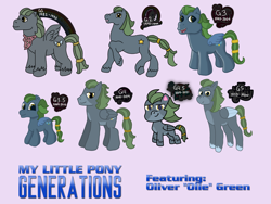 Size: 4624x3468 | Tagged: safe, imported from derpibooru, oc, oc only, oc:oliver green, pegasus, pony, folded wings, g1, g1 to g5, g2, g3, g3.5, g4, g4.5, g5, generation leap, logo, male, stallion, star trek: generations, style comparison, style emulation, wings