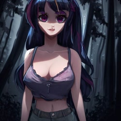 Size: 900x900 | Tagged: safe, imported from derpibooru, twilight sparkle, human, equestria girls, legend of everfree, ai content, ai generated, belly button, big breasts, breasts, busty twilight sparkle, cleavage, clothes, forest, generator:stable diffusion, humanized, midriff, night, shorts, solo, standing