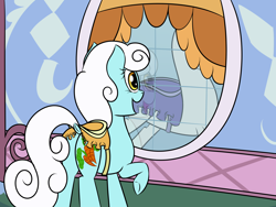 Size: 2000x1500 | Tagged: safe, artist:everfreeemergencies, imported from derpibooru, serena, earth pony, pony, /bale/, butt, carousel boutique, dock, female, mannequin, mare, open mouth, plot, raised hoof, reflection, saddle, smiling, solo, tack, tail, window