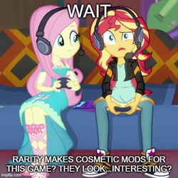 Size: 500x500 | Tagged: safe, edit, edited screencap, imported from derpibooru, screencap, fluttershy, sunset shimmer, human, equestria girls, caption, controller, converse, duo, gamer sunset, gamershy, headset, headset mic, image macro, implied rarity, meme, out of context, shoes, sneakers, text, video game