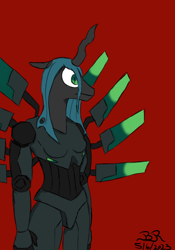 Size: 700x1000 | Tagged: safe, imported from derpibooru, queen chrysalis, anthro, robot, female, red background, simple background, solo, ultrakill, video game