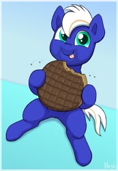 Size: 1480x2136 | Tagged: safe, artist:heretichesh, imported from derpibooru, oc, oc only, pony, chocolate biscuit, cookie, cute, eating, food, giant food, hoof hold, looking at you, ocbetes, smiling, smiling at you, solo, tongue out