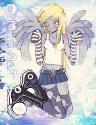 Size: 1373x1800 | Tagged: safe, artist:fruitx2777, imported from derpibooru, derpy hooves, human, arm warmers, clothes, converse, female, humanized, panties, pegasus wings, ripped stockings, shoes, skirt, solo, stockings, tanktop, thigh highs, torn clothes, underwear, winged humanization, wings