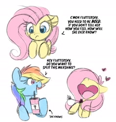 Size: 1994x2104 | Tagged: safe, artist:lbrcloud, imported from derpibooru, fluttershy, rainbow dash, pegasus, pony, comic, cupid arrow, dialogue, duo, female, floating heart, flutterdash, heart, heart shaped, lesbian, milkshake, open mouth, open smile, shipping, simple background, sketch, smiling, white background