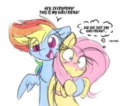 Size: 1989x1686 | Tagged: safe, artist:lbrcloud, imported from derpibooru, fluttershy, rainbow dash, pegasus, pony, blushing, cute, dashabetes, dialogue, duo, eye clipping through hair, female, flutterdash, gay panic, hug, lesbian, mare, open mouth, open smile, shipping, shyabetes, simple background, smiling, speech bubble, talking to viewer, thought bubble, white background