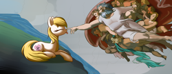 Size: 1850x800 | Tagged: safe, artist:gsuus, imported from derpibooru, oc, oc:aryanne, human, pony, blasphemy, boop, god, michelangelo, nazi, nazipone, the creation of adam, we are going to heil