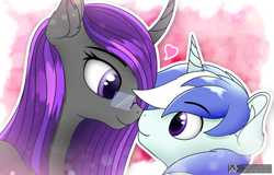 Size: 6767x4320 | Tagged: safe, artist:etheria galaxia, imported from derpibooru, oc, oc only, oc:etheria galaxia, oc:scratch wub, alicorn, pony, unicorn, abstract background, absurd resolution, alicorn oc, boop, cute, duo, ear fluff, female, heart, horn, male, mare, noseboop, stallion, unicorn oc, watermark, wings