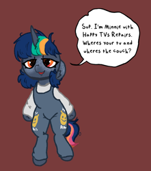 Size: 806x910 | Tagged: safe, artist:nootaz, imported from derpibooru, oc, oc only, oc:minnie static, pony, unicorn, bipedal, clothes, overalls, red background, simple background, solo, speech bubble