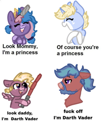 Size: 575x680 | Tagged: safe, artist:nootaz, imported from derpibooru, oc, oc:blitz razorwind, oc:may mache, oc:nootaz, oc:speed paint, pegasus, pony, unicorn, chad, colt, darth vader, eyes closed, female, filly, foal, freckles, hoof hold, horn, male, mare, meme, nordic gamer, offspring, parent:oc:blitz razorwind, parent:oc:nootaz, parents:oc x oc, pegasus oc, simple background, stallion, star wars, toilet paper roll, toilet paper roll horn, unicorn oc, vulgar, white background, yes