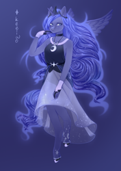 Size: 1060x1500 | Tagged: safe, artist:keeiwo, imported from derpibooru, princess luna, anthro, unguligrade anthro, blue background, clothes, dress, ethereal mane, female, hand on cheek, jewelry, necklace, signature, simple background, solo, spread wings, wings