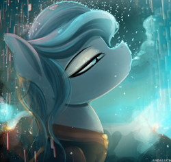 Size: 2500x2364 | Tagged: safe, artist:andaluce, imported from derpibooru, oc, oc:haze northfleet, pony, abstract background, bust, clothes, female, hoodie, mare, rain, solo