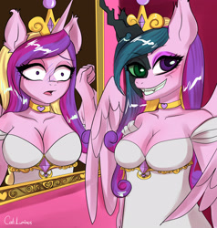 Size: 3247x3408 | Tagged: safe, artist:cali luminos, imported from derpibooru, princess cadance, queen chrysalis, anthro, insect, commission, fake cadance, female, here we go again, mirror, reflection