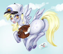 Size: 1012x868 | Tagged: safe, artist:dieingartist, imported from derpibooru, derpy hooves, pegasus, pony, :p, bag, blushing, bubble butt, butt, cloud, derp, female, hat, letter, looking at you, looking back, looking back at you, mailbag, mailmare, mailmare hat, mare, plot, sky, solo, the ass was fat, tongue out