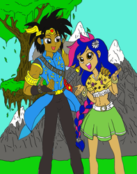 Size: 793x1008 | Tagged: safe, artist:jmkplover, artist:spiders123, imported from derpibooru, oc, oc:mayday, oc:mayday parker sparkle, oc:ullr, human, bonds, braid, demi-god, dirt cube, friends, humanized, leaves, marvel, mountain, spider-man, spiders and magic: rise of spider-mane, sword, tree, weapon